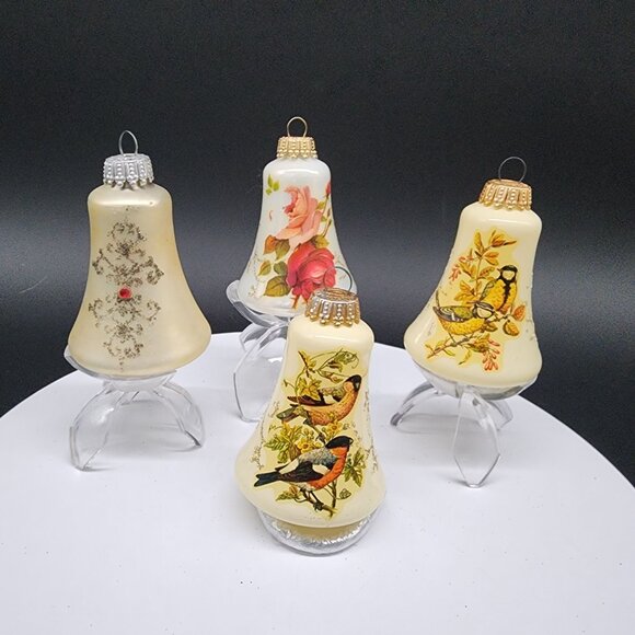 VTG Glass Bell Christmas Ornaments Birds & Floral Designs Jeweled Germany Krebs - Picture 1 of 12